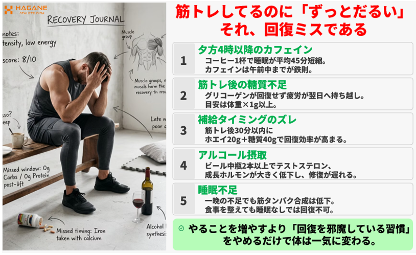 筋トレ後の疲れが抜けない原因5選|翌日に残る人のNG習慣を科学的に解説【梅田】