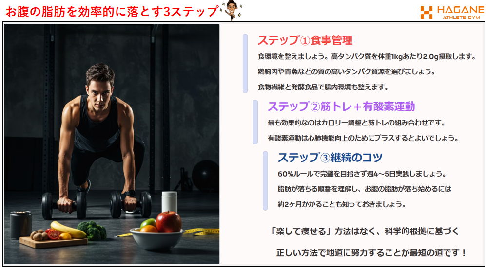 お腹の脂肪を効率よく落とす科学的アプローチ〜大阪・梅田のHAGANE ATHLETE GYMがお届けする最新メソッド〜　金岡亮介