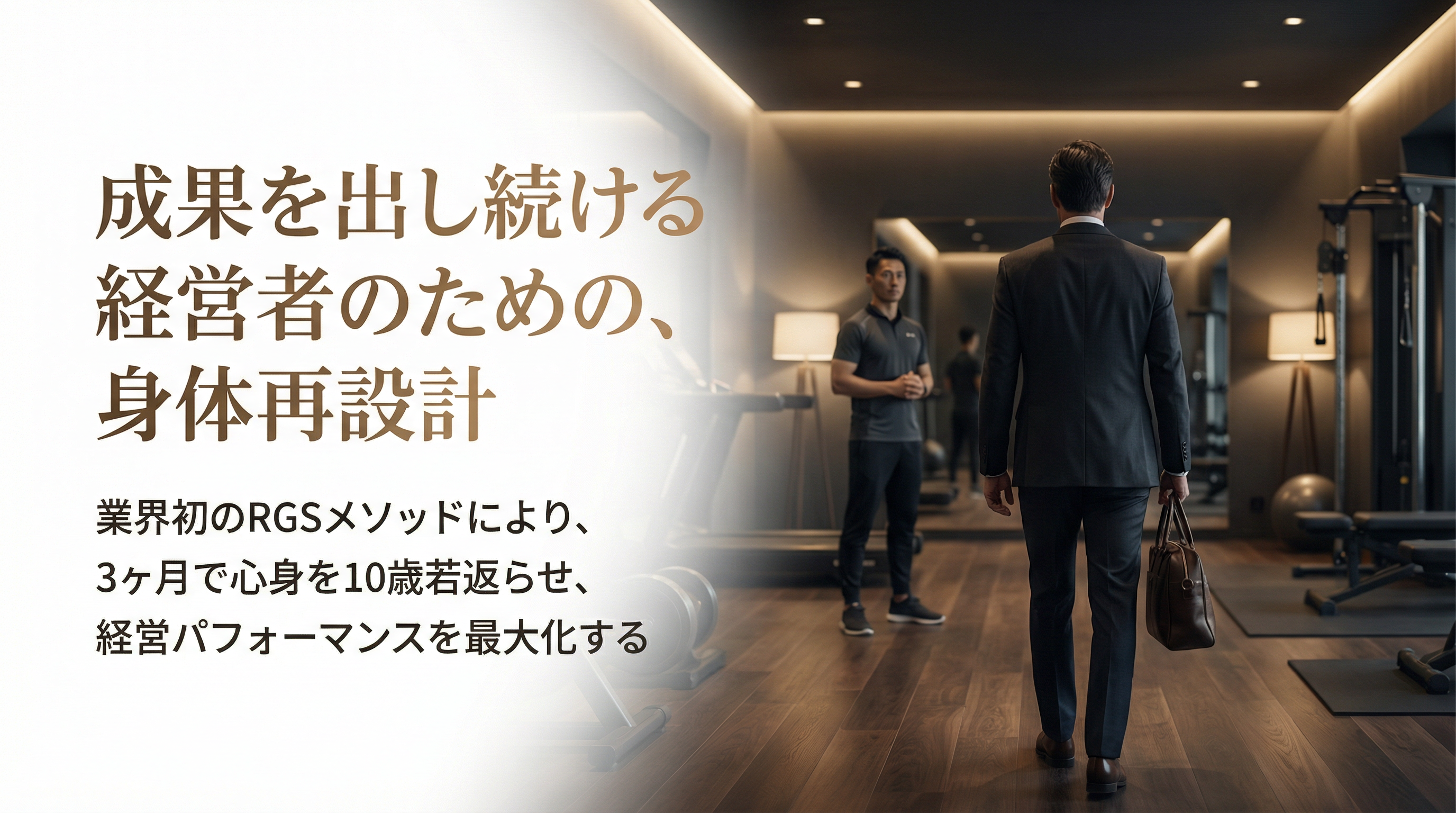 経営パフォーマンスを最大化する業界初のRGSメソッド。3ヶ月で心身を10歳若返らせ、成果を出し続ける身体へ。
